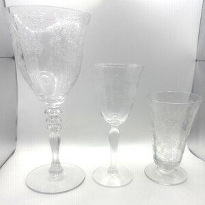 3 Antique Etched Crystal Clear Glass Goblets & Stemware With Floral Patterns